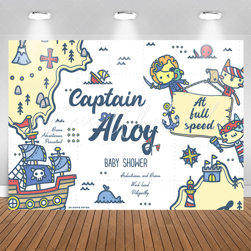 Lofaris Pirate Cats Captain Ahoy White Baby Shower Backdrop