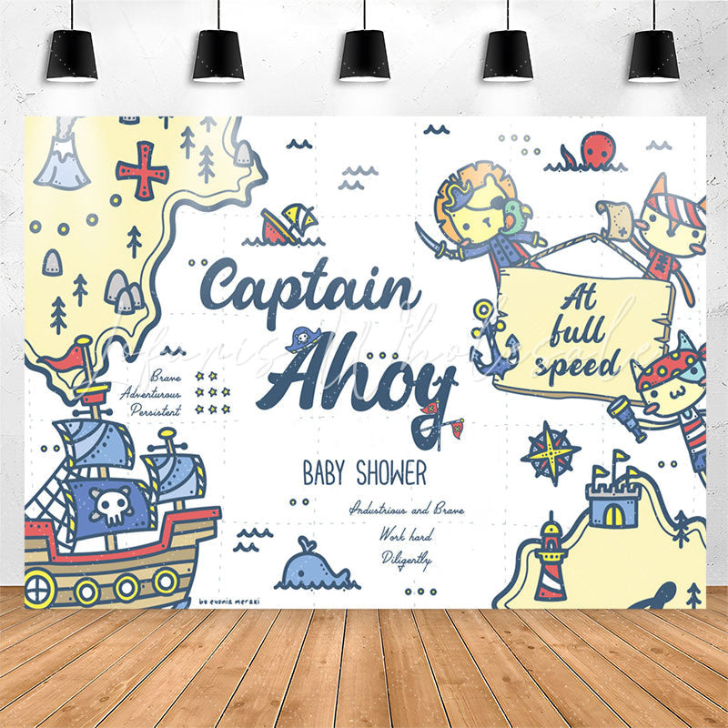 Lofaris Pirate Cats Captain Ahoy White Baby Shower Backdrop