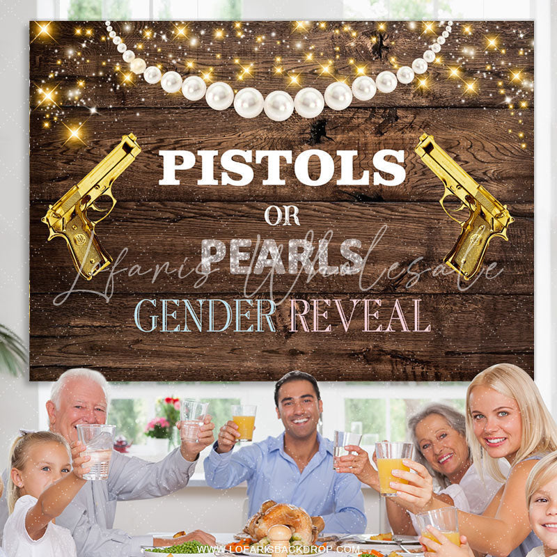 Lofaris Pistols Or Pearls Shiny Wooden Gender Reveal Backdrop