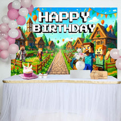Pixel Miner Villager Gaming Video Happy Boy Birthday Backdrop