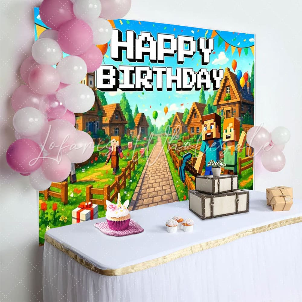 Pixel Miner Villager Gaming Video Happy Boy Birthday Backdrop