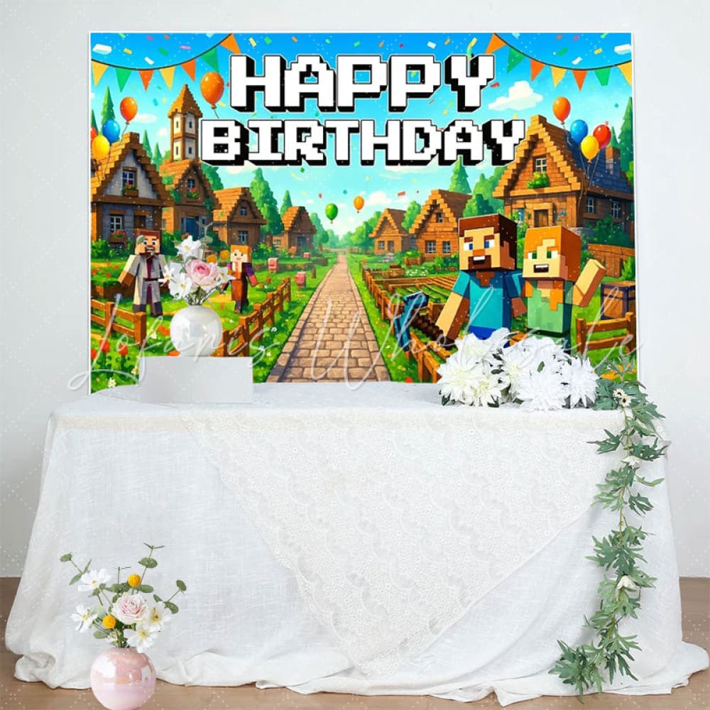 Pixel Miner Villager Gaming Video Happy Boy Birthday Backdrop