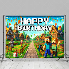 Pixel Miner Villager Gaming Video Happy Boy Birthday Backdrop
