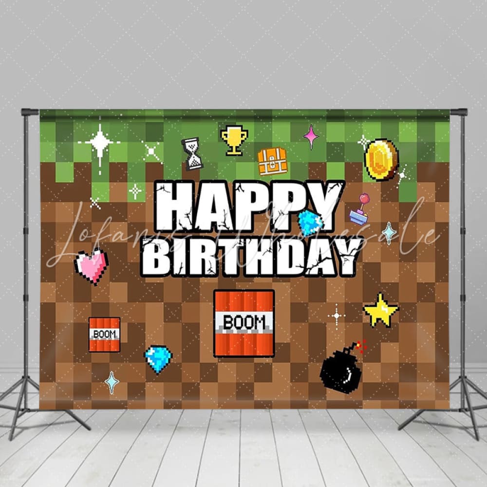 Pixel Video Game Themed Happy Birthday Party Backdrop For Kids