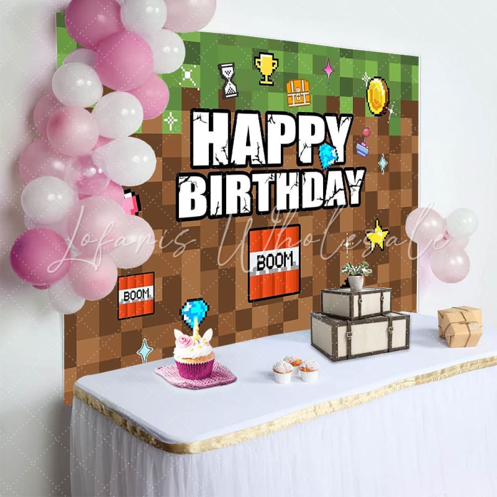 Pixel Video Game Themed Happy Birthday Party Backdrop For Kids