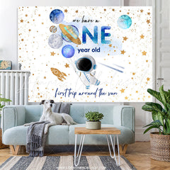 Lofaris Planet Spaceman Gold Glitter 1st Birthday Backdrop