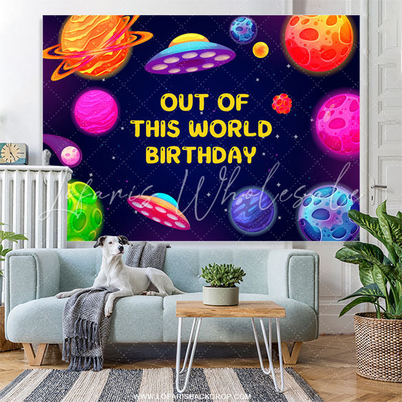 Lofaris Planets Spacecraft Blue Birthday Party Backdrop