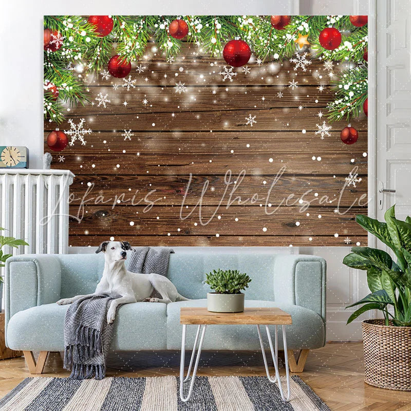 Lofaris Pretty Snowflake And Red Christmas Ball Wooden Backdrop