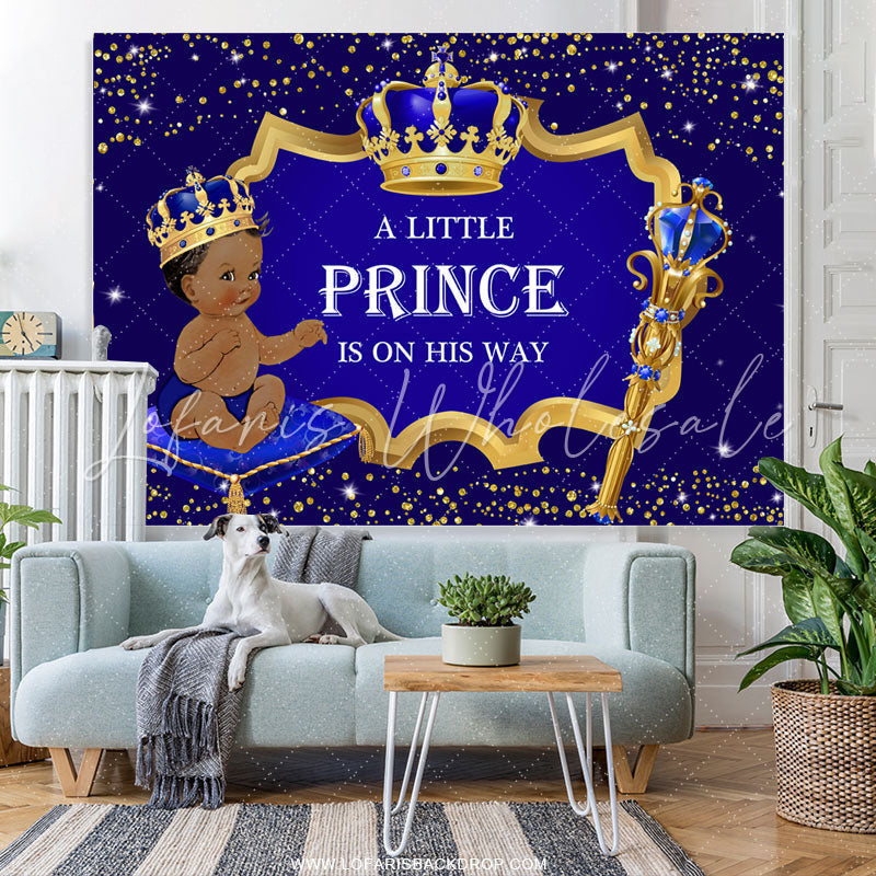 Lofaris Princess Gold Glitter Crown Blue Baby Shower Backdrop