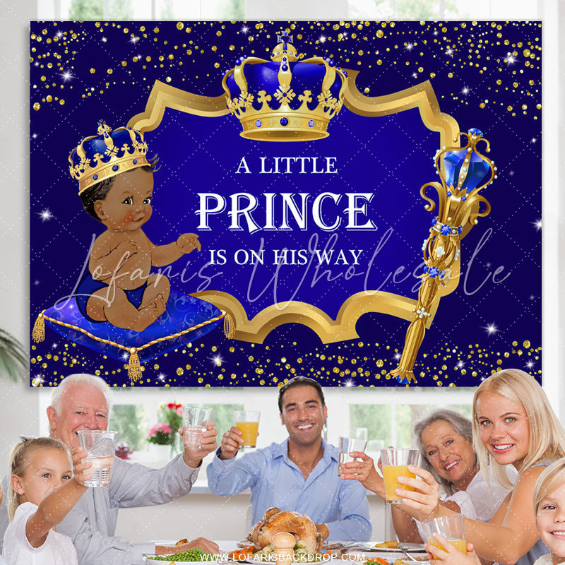 Lofaris Princess Gold Glitter Crown Blue Baby Shower Backdrop