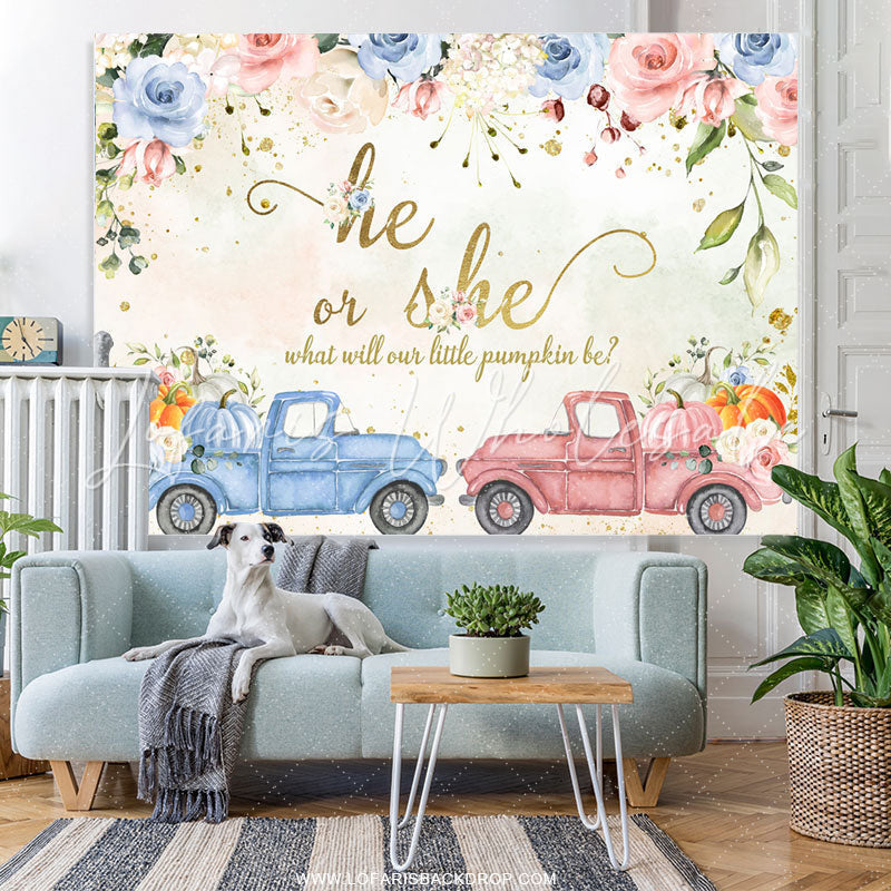 Lofaris Pumpkin Gender Reveal Truck Flower Baby Shower Backdrop
