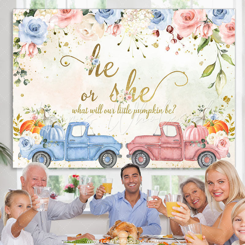 Lofaris Pumpkin Gender Reveal Truck Flower Baby Shower Backdrop