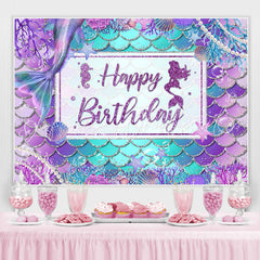 Lofaris Purple And Blue Cute Mermaid Happy Birthday Backdrop