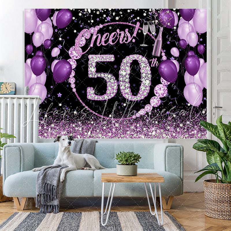 Lofaris Purple And Glitter Cheers To 50Th Birthday Backdrop