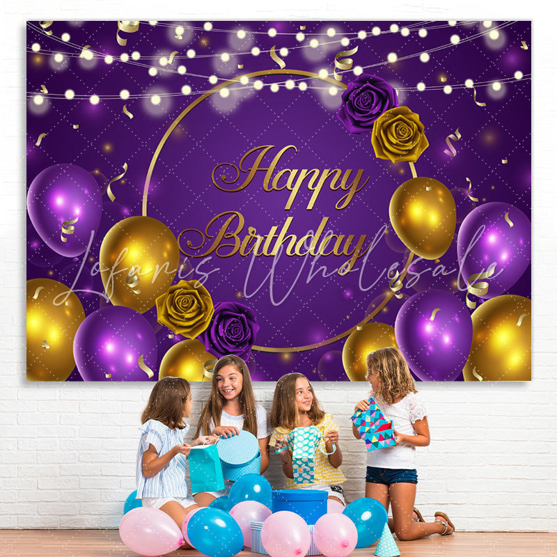 Lofaris Purple And Gold Ballons With Rose Birthday Backdrop