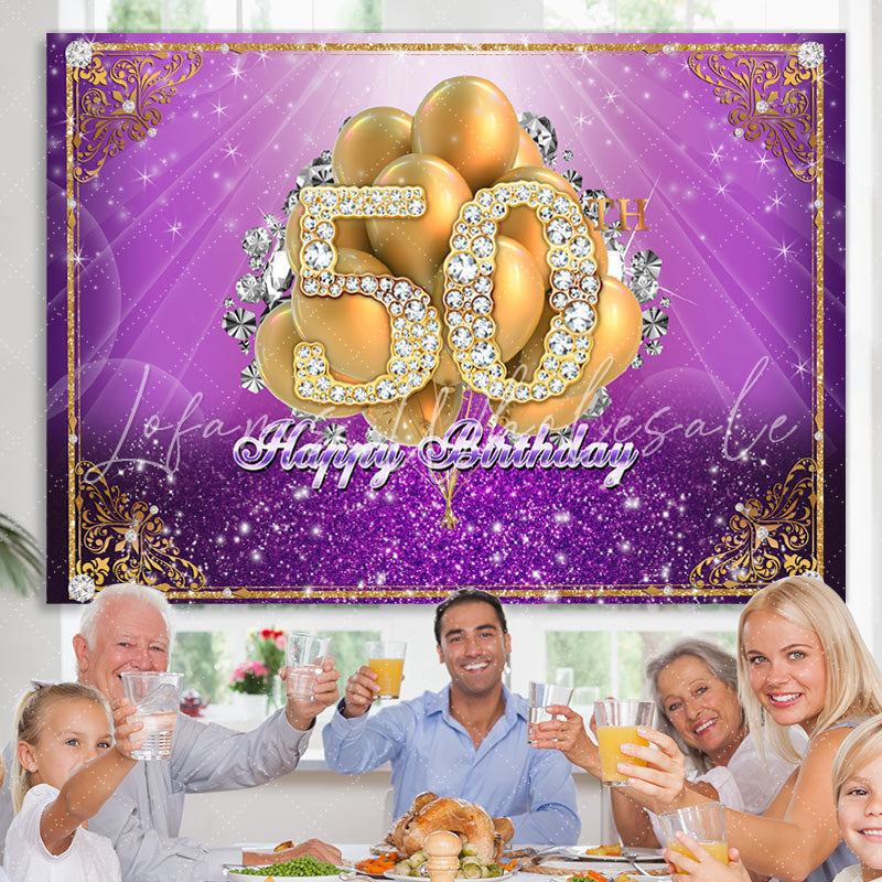 Lofaris Purple and Gold Balloon Diamond 50Th Birthday Backdrop