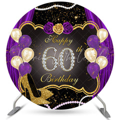 Lofaris Purple And Gold Glitter Balloons Round Birthday Backdrop