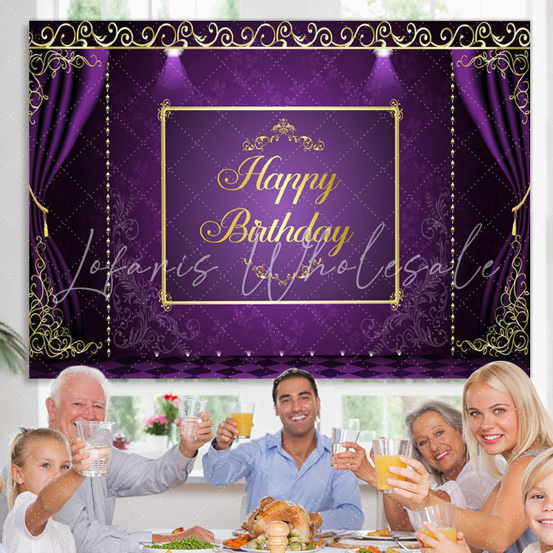 Lofaris Purple and Golden Lace Happy Birthday Party Backdrop