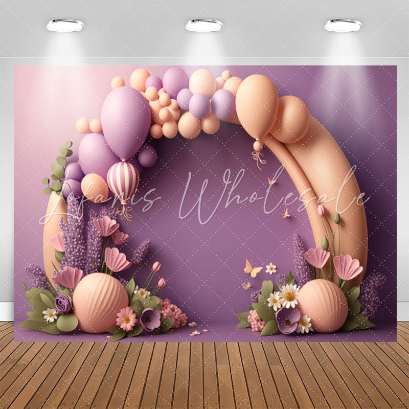 Lofaris Purple And Orange Balloons Floral Birthday Backdrop