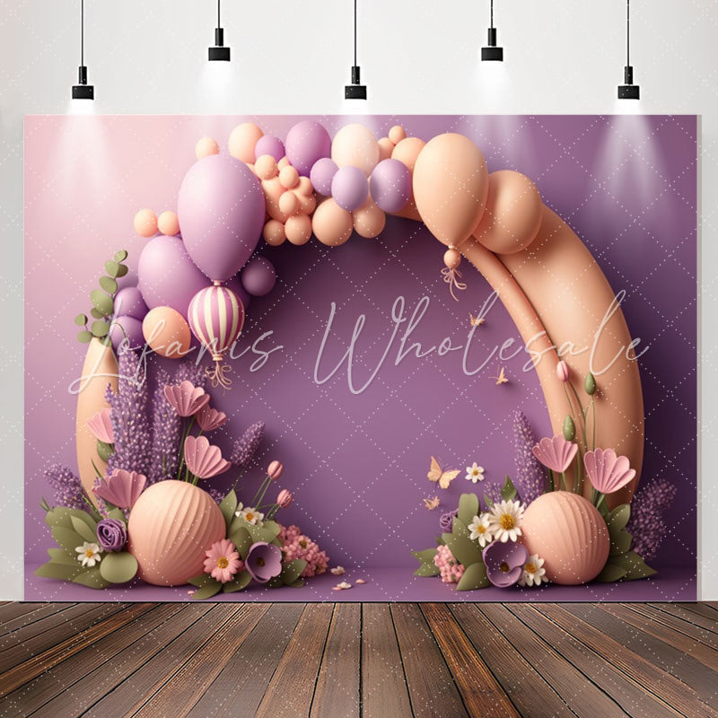 Lofaris Purple And Orange Balloons Floral Birthday Backdrop