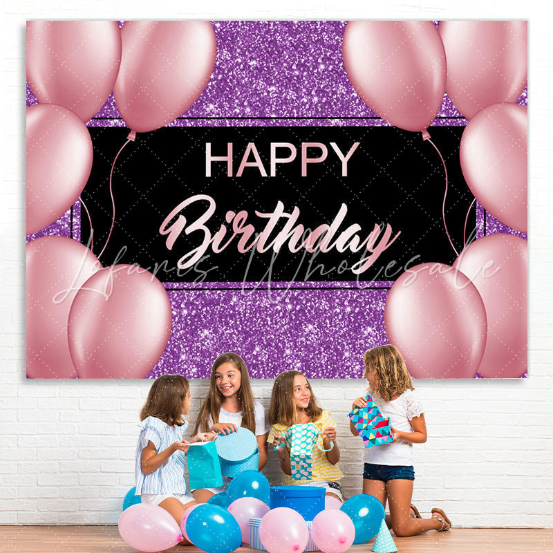Lofaris Purple And Pink Glitter Balloon Happy Birthday Backdrop