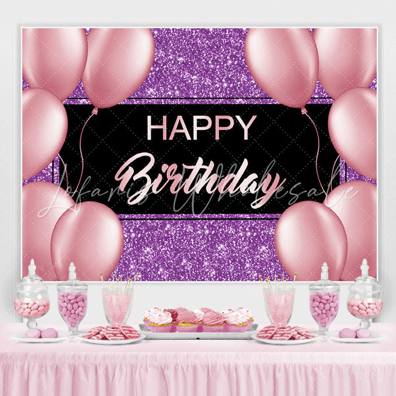 Lofaris Purple And Pink Glitter Balloon Happy Birthday Backdrop