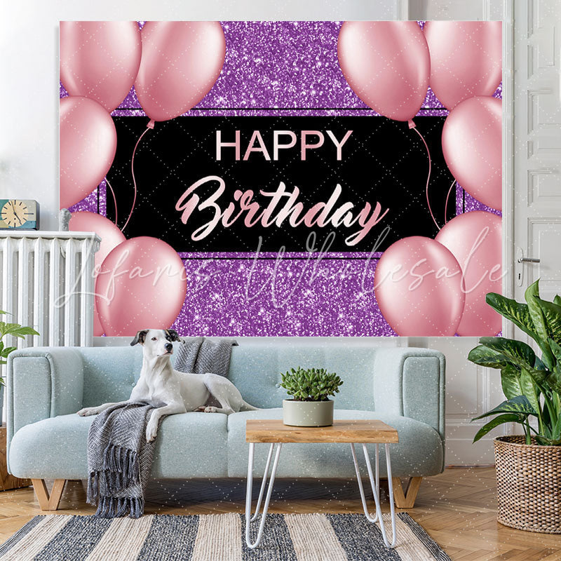 Lofaris Purple And Pink Glitter Balloon Happy Birthday Backdrop