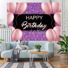 Lofaris Purple And Pink Glitter Balloon Happy Birthday Backdrop