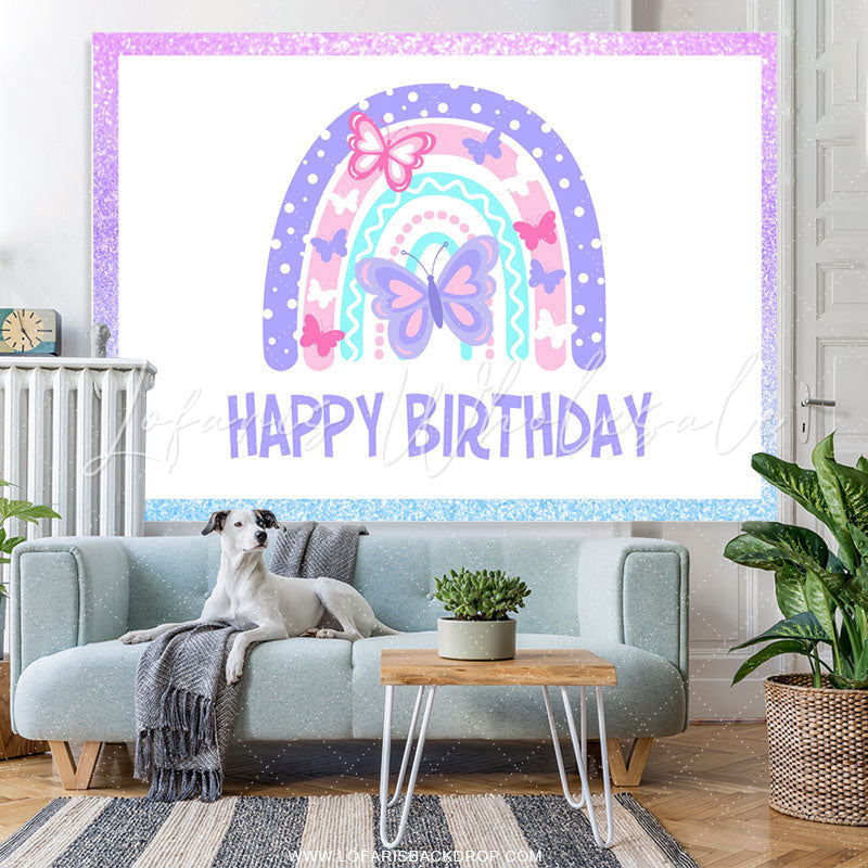 Lofaris Purple And Pink Spring Butterfly Happy Birthday Backdrop
