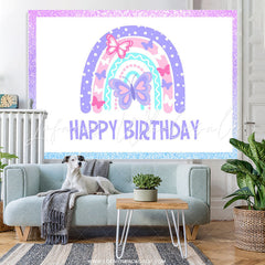 Lofaris Purple And Pink Spring Butterfly Happy Birthday Backdrop