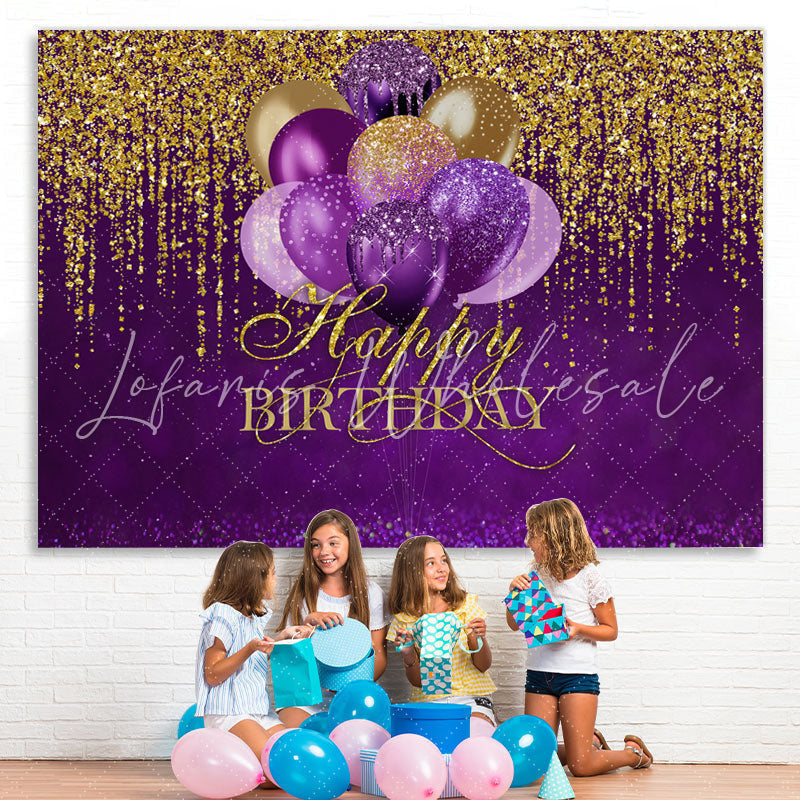 Lofaris Purple Balloons Gold Glitter Happy Birthday Backdrop