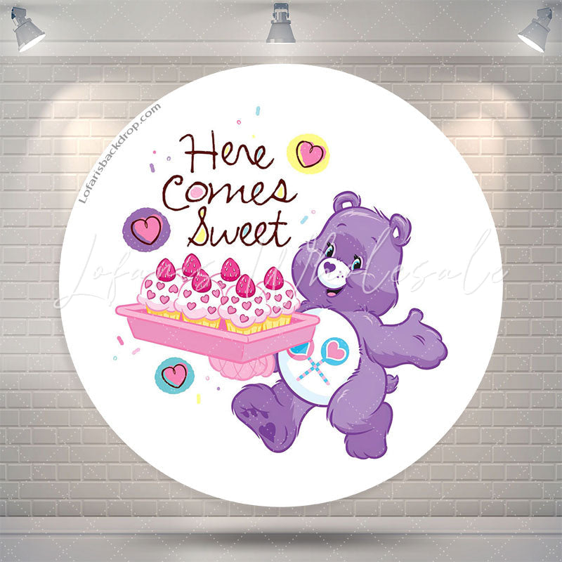 Lofaris Purple Bear Cakes Sweet Round Baby Shower Backdrop