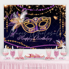 Lofaris Purple Black Gold Masquerade Happy Birthday Backdrop