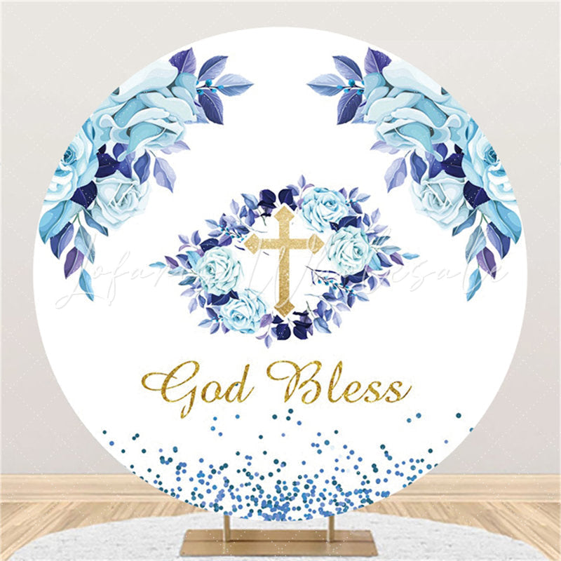 Lofaris Purple Blue Floral Gold God Bless Baby Shower Backdrop