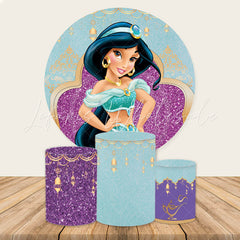 Lofaris Purple Blue Glitter Princess Round Birhday Backdrop Kit