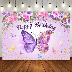 Lofaris Purple Butterflies Flowers Happy Birthday Backdrop
