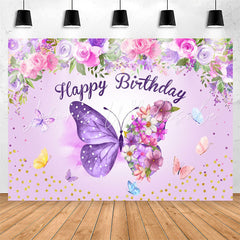 Lofaris Purple Butterflies Flowers Happy Birthday Backdrop