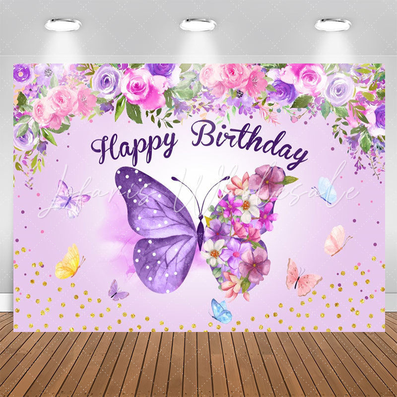 Lofaris Purple Butterflies Flowers Happy Birthday Backdrop