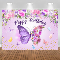 Lofaris Purple Butterflies Flowers Happy Birthday Backdrop