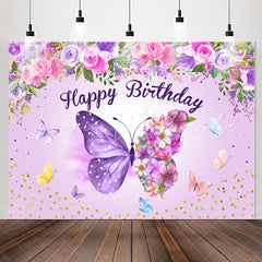 Lofaris Purple Butterflies Flowers Happy Birthday Backdrop