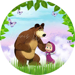 Lofaris Purple Butterfly And Bear Round Girl Birthday Backdrop