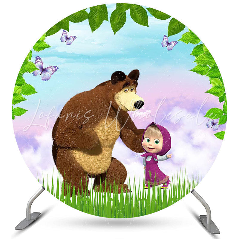 Lofaris Purple Butterfly And Bear Round Girl Birthday Backdrop