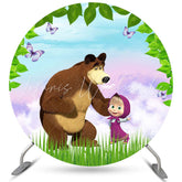 Lofaris Purple Butterfly And Bear Round Girl Birthday Backdrop