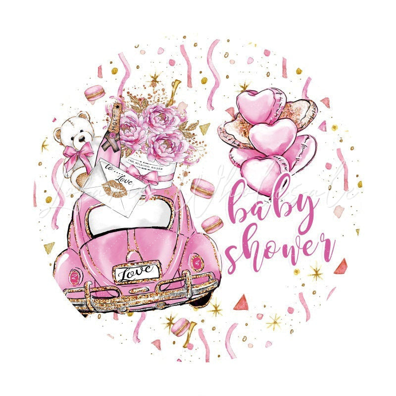 Lofaris Purple Car With Roses Teddy Circle Baby Shower Backdrop