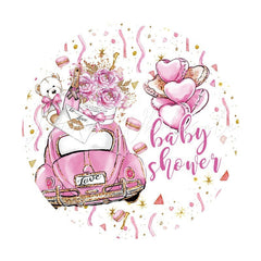 Lofaris Purple Car With Roses Teddy Circle Baby Shower Backdrop