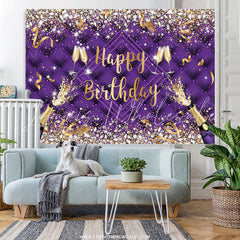 Lofaris Purple Champagne Bottle Ribbion Happy Birthday Backdrop
