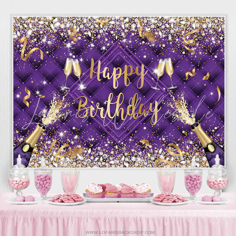 Lofaris Purple Champagne Bottle Ribbion Happy Birthday Backdrop