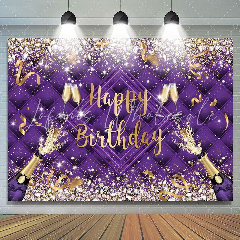 Lofaris Purple Champagne Bottle Ribbion Happy Birthday Backdrop