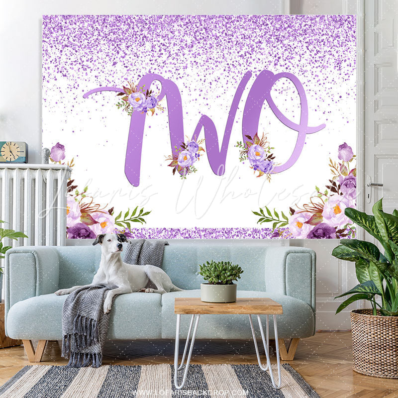 Lofaris Purple Dots And Flowers Happy 2Nd Birthday Backdrop