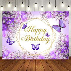 Lofaris Purple Floral And Butterflies Happy Birthday Backdrop